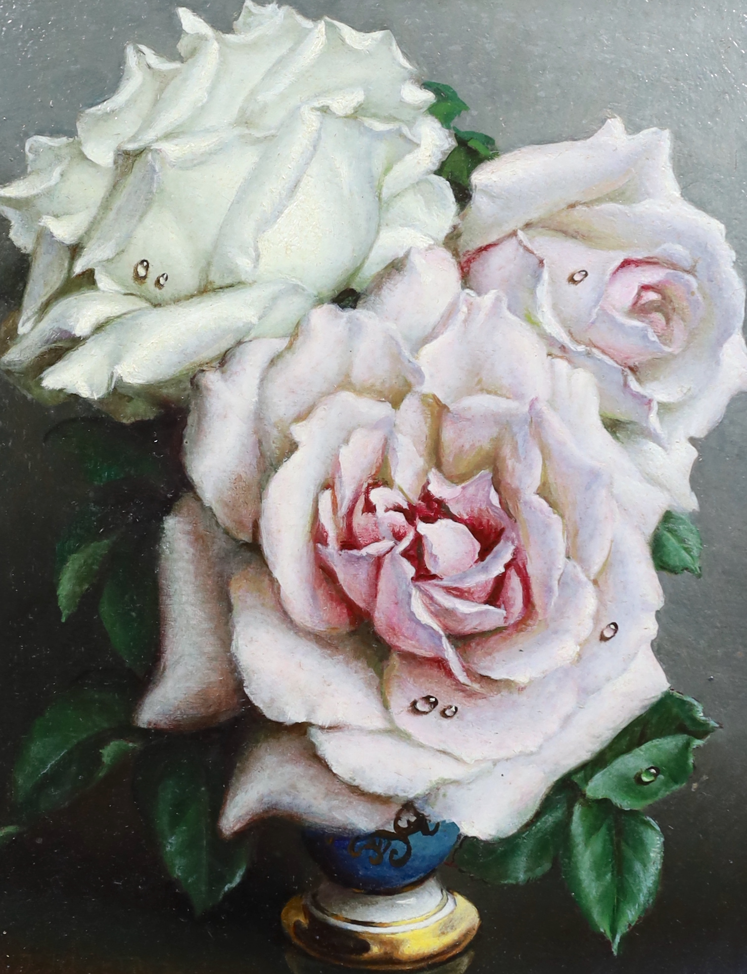Irene Klestova (Russian, 1908-1989), oil on board, 'Roses and dew', signed, Stacy Marks label verso, 23 x 18cm
